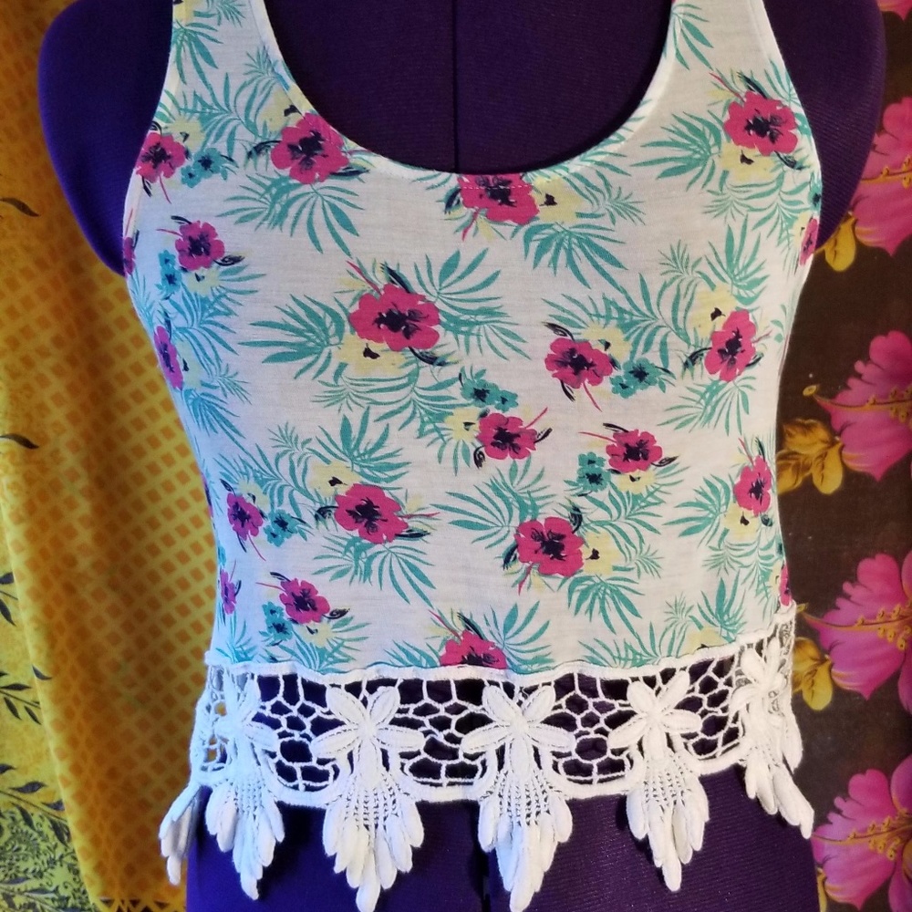 Floral and Lace Crop Top with Razer Style Back